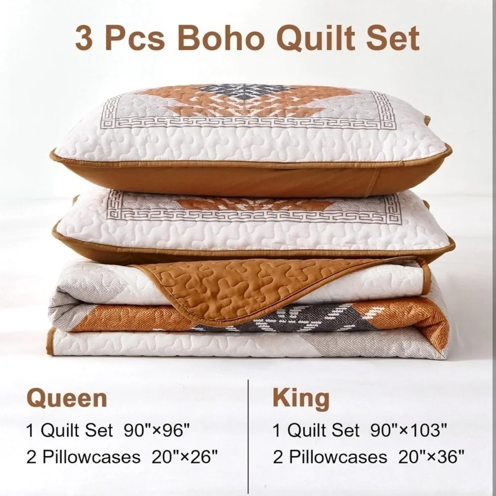 New Boho Queen Quilt Set 3 Pieces Aztec Texture Bedspread Coverlet Set Light